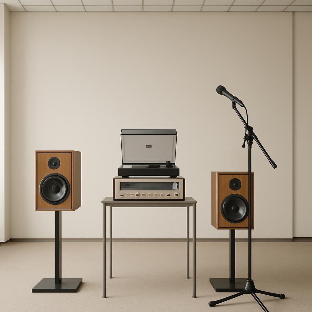 A wall-mounted stereo consists of two wooden speakers and a record player, with a white and silver stereo and a microphone...