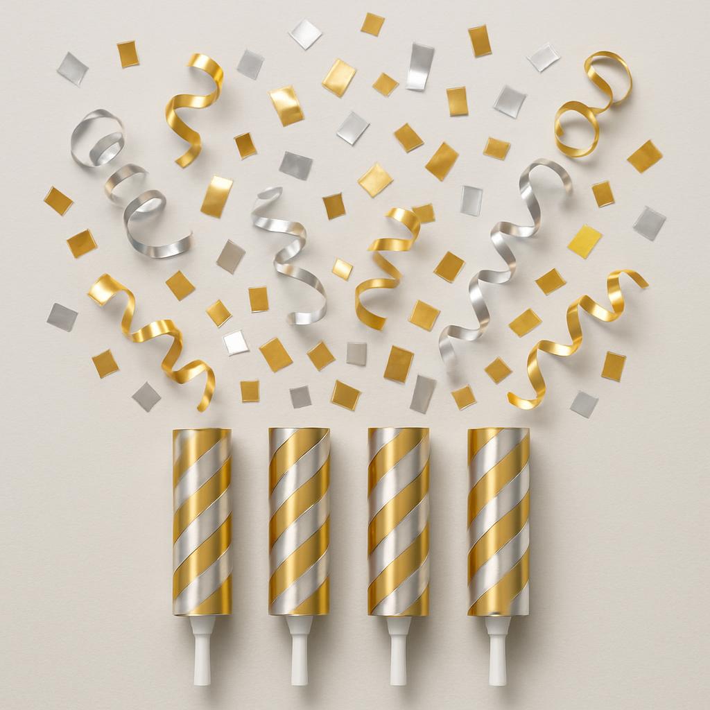 Gold streamers and confetti falling from the top of the image. Four candles appear at the bottom of the image.
