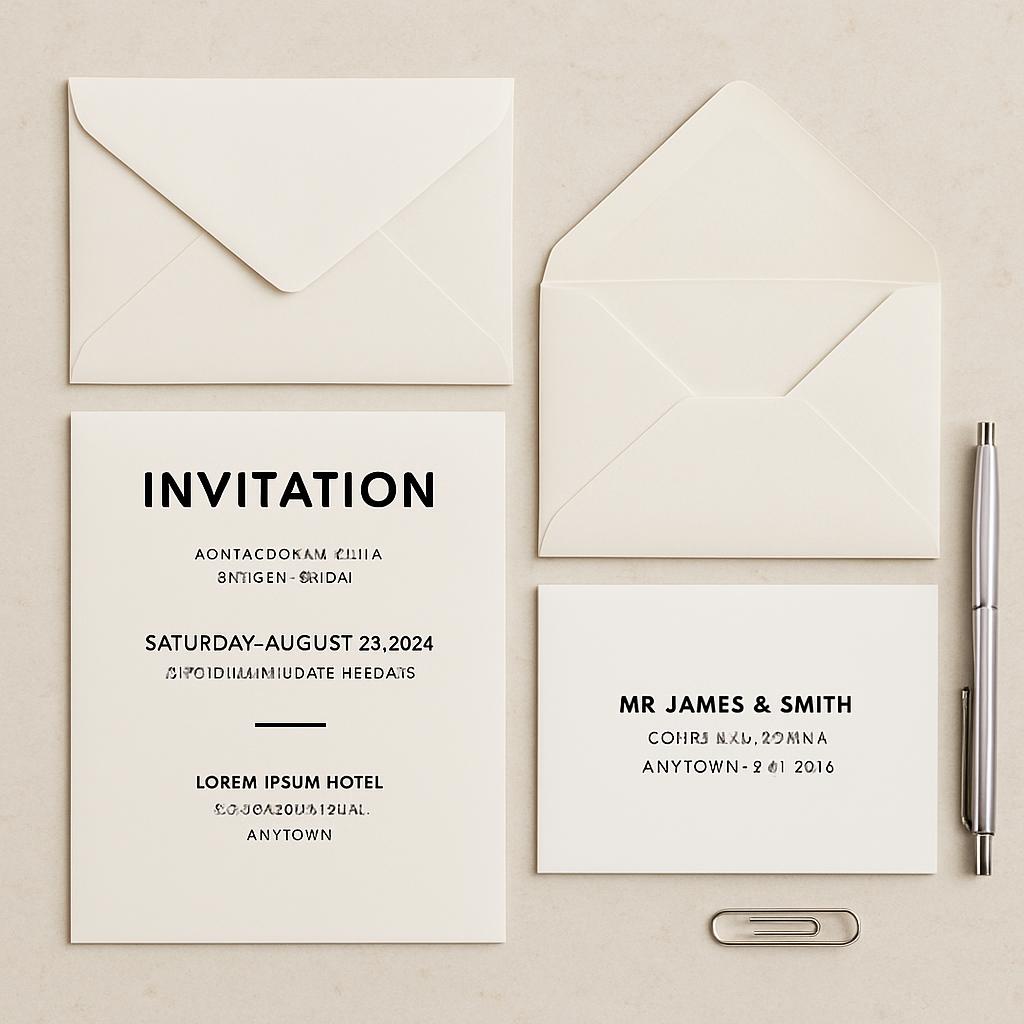 An elegant wedding invitation flat lay featuring a printed invitation card, a smaller RSVP card, envelopes, a silver pen, and a paper clip. The invitation includes details about the event date and location.