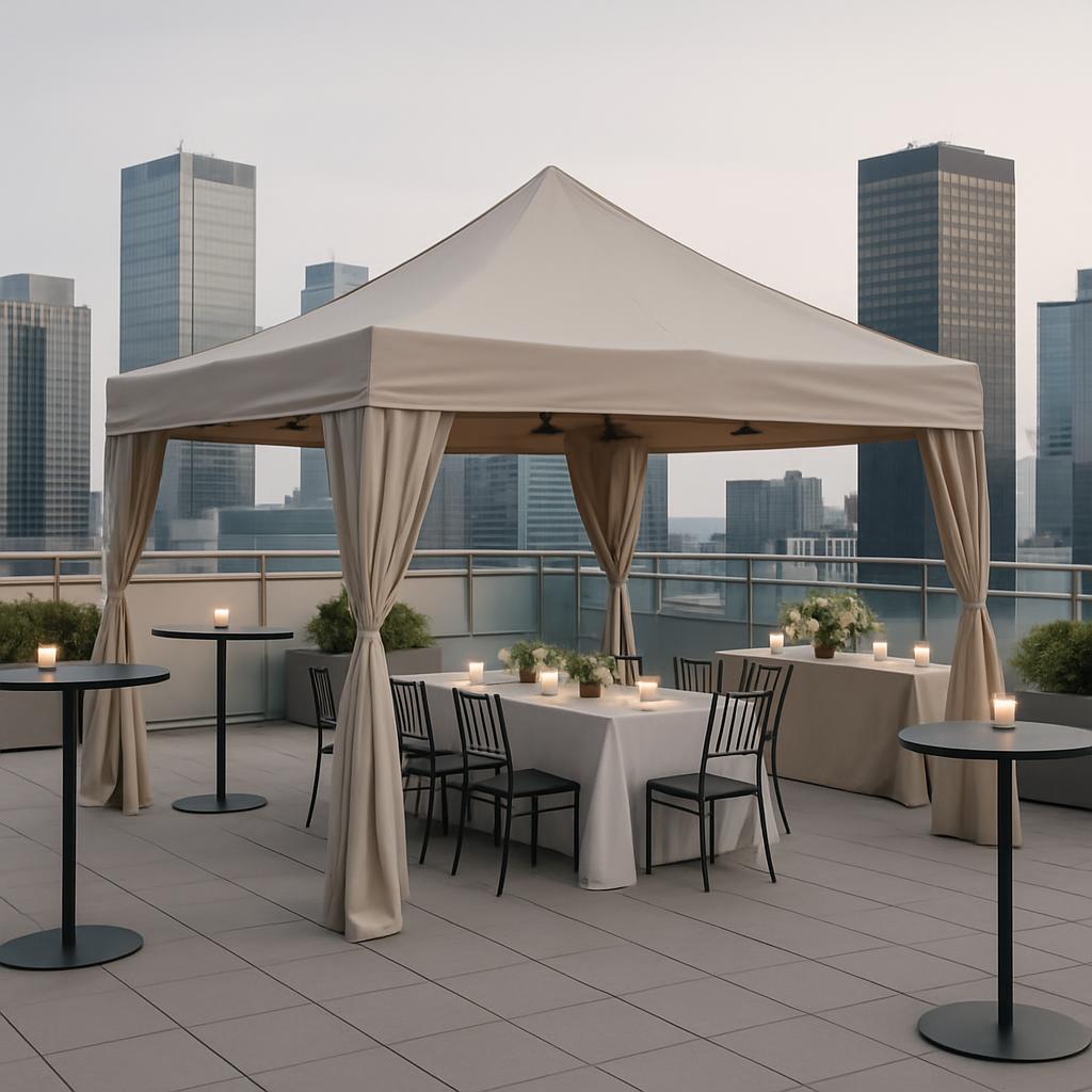 Pavilion-style gazebo on rooftop terrace, set up with white tablecloth, black chairs, small tables, planters, and tall cit...