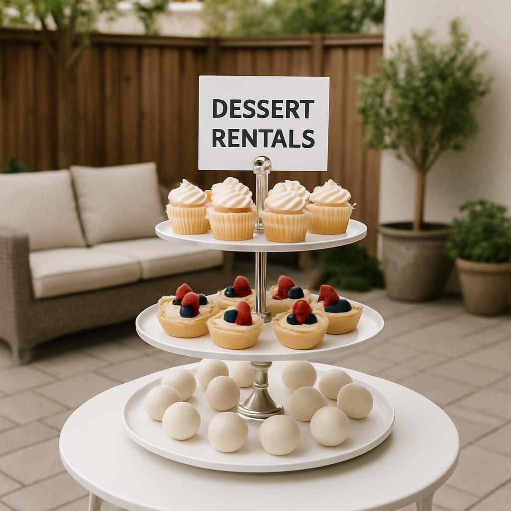 Dessert Rentals. A sign displaying cupcakes and mini pies atop a coffee table.