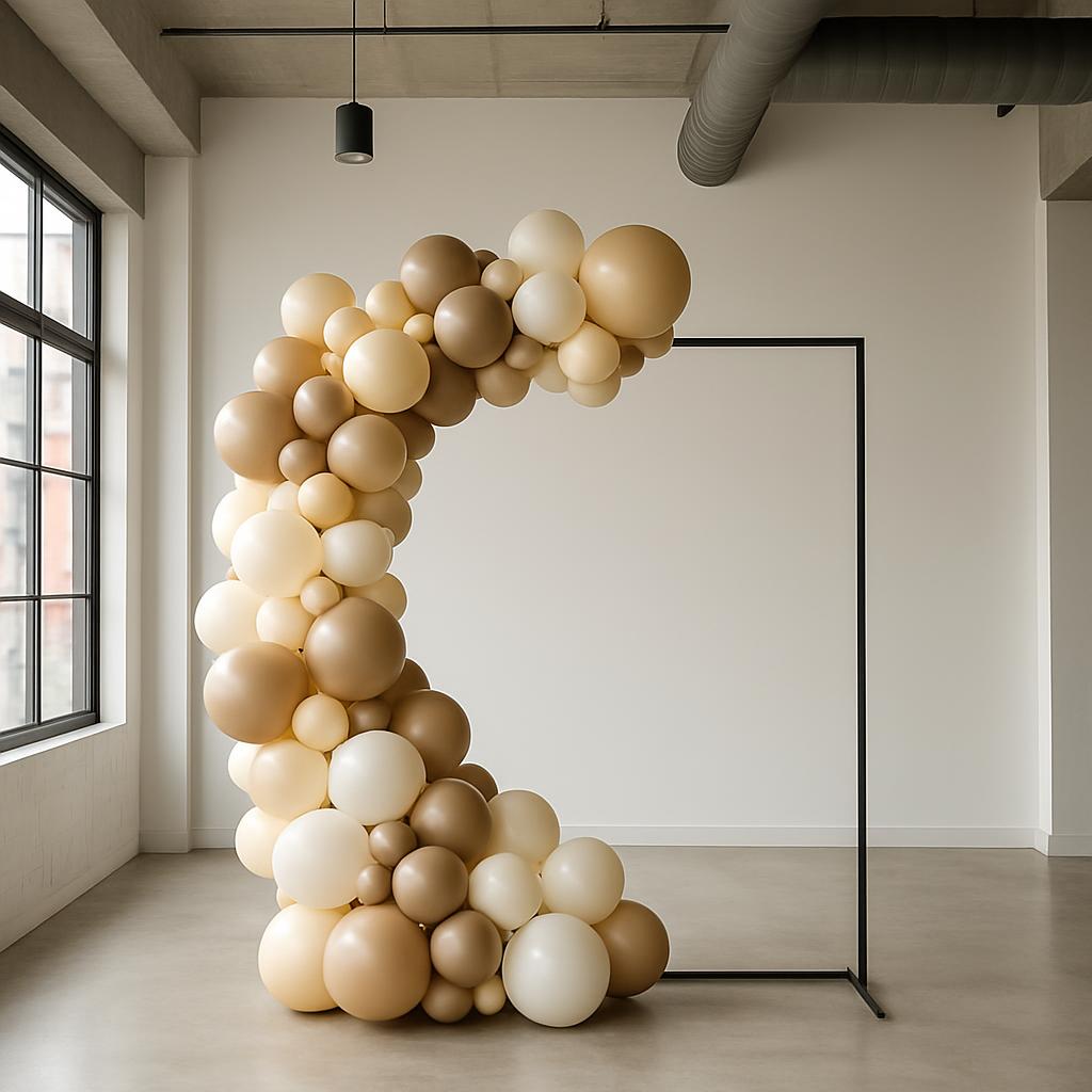 A beige balloon arch stands in a modern room with white walls and a concrete floor. The arch is composed of variously size...