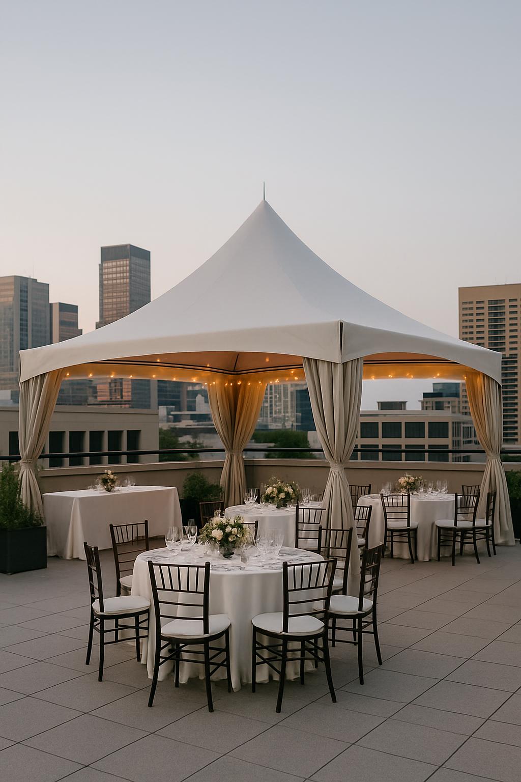 A white tent with a pointed roof and cream curtains, set up for an event with tables, chairs, and table settings.